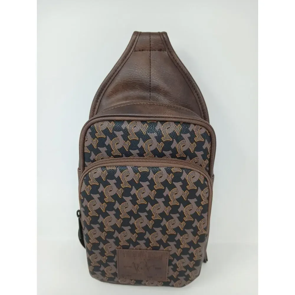 True Religion Monogram Unisex Sling Crossbody Bag Brown Farro 2 TR 104445 New